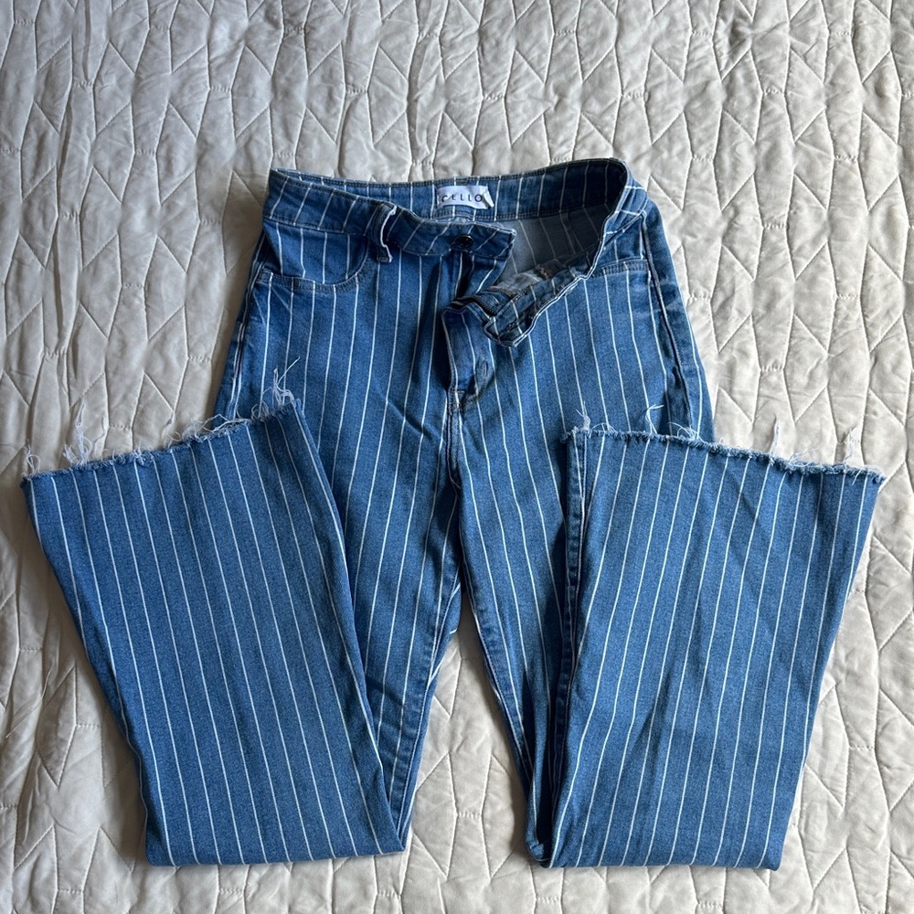 Cello Blue and White Striped Flare Jeans